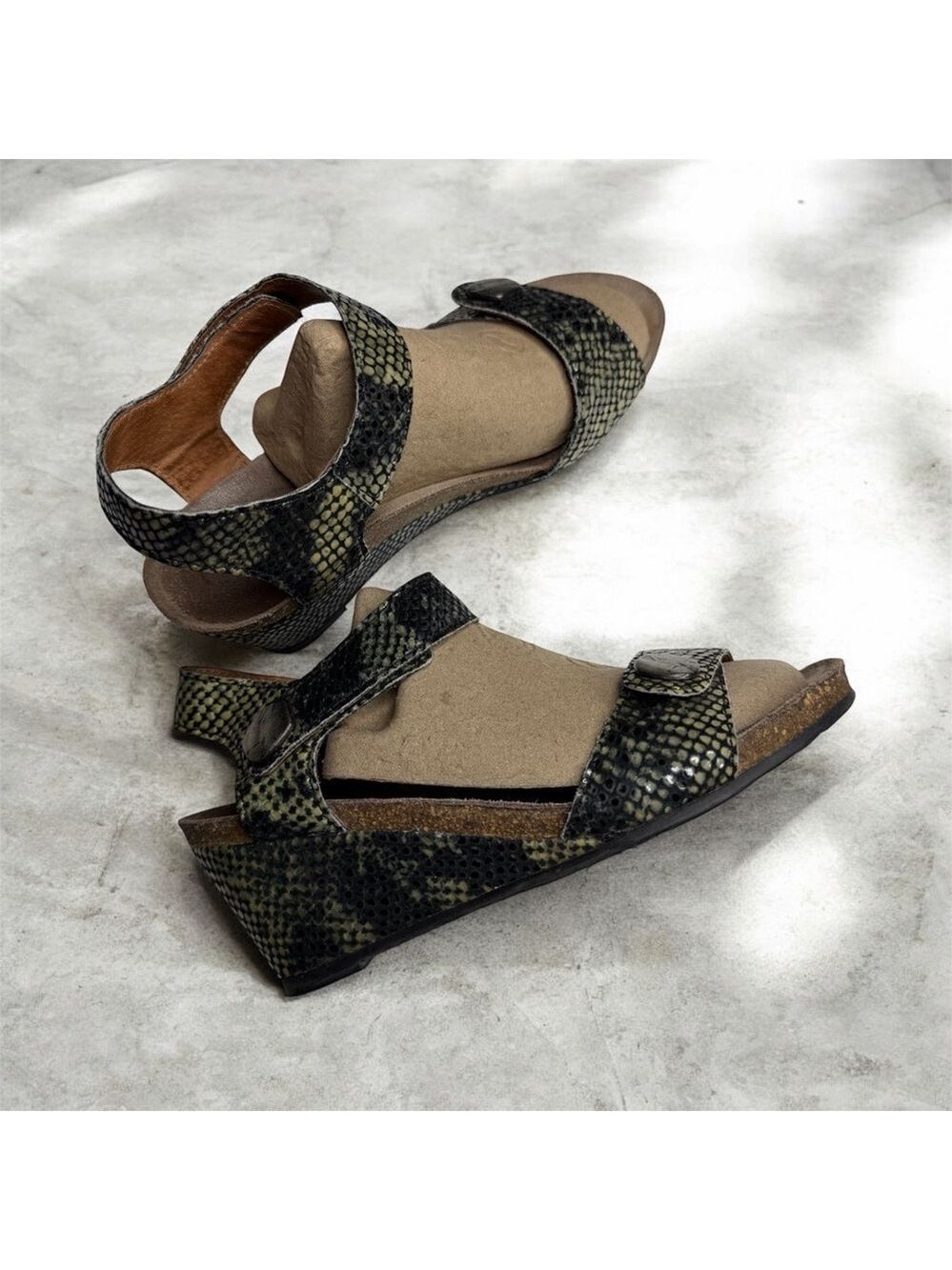 Taos Footwear Olive Snake Print Wedge Sandals